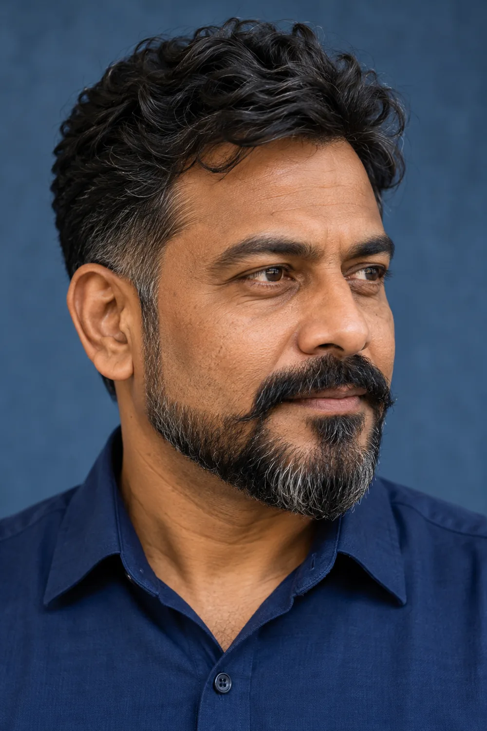 Three-quarter portrait of an adult South Asian man with a wavy, gray-flecked extended goatee, connected curved mustache, shaved upper cheeks, and rounded chin.