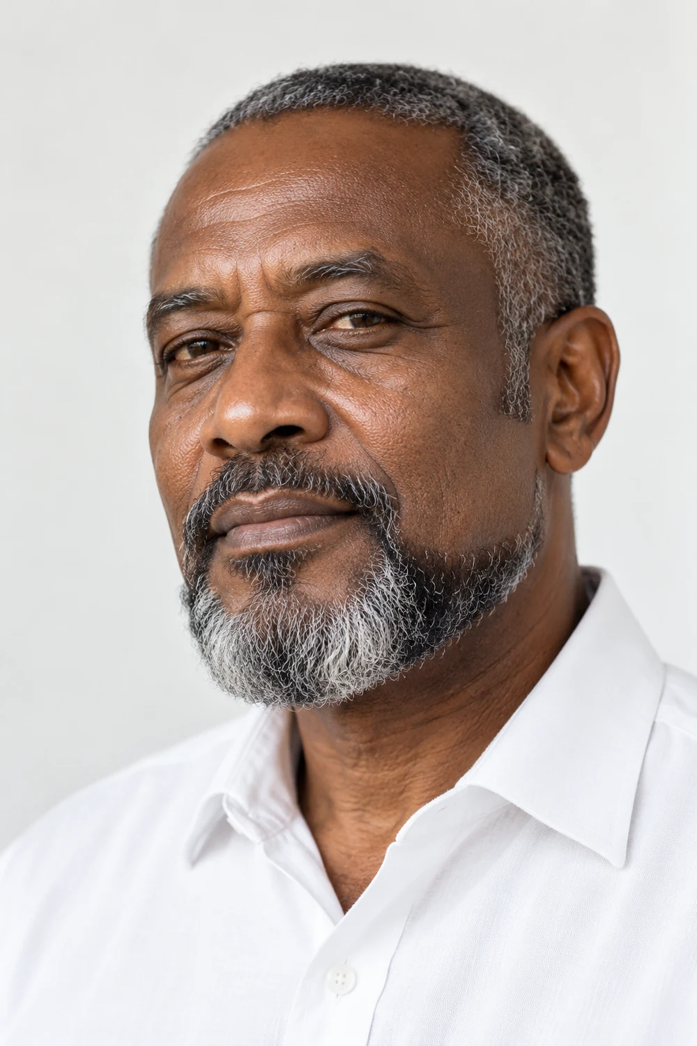 Three-quarter portrait of an older East African man with a gray-black extended goatee, broad softly flat chin base, narrow corner-connected mustache, shaved upper cheeks, and short separate sideburns.