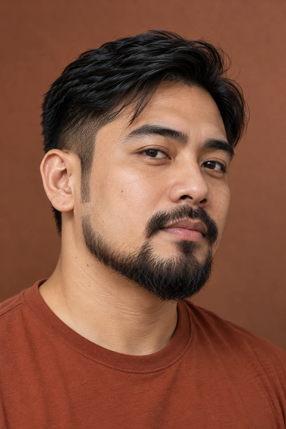 Three-quarter portrait of an adult man with a rounded extended goatee, connected mustache, shaved upper cheeks, and a visible gap between the tapered sideburn and beard.