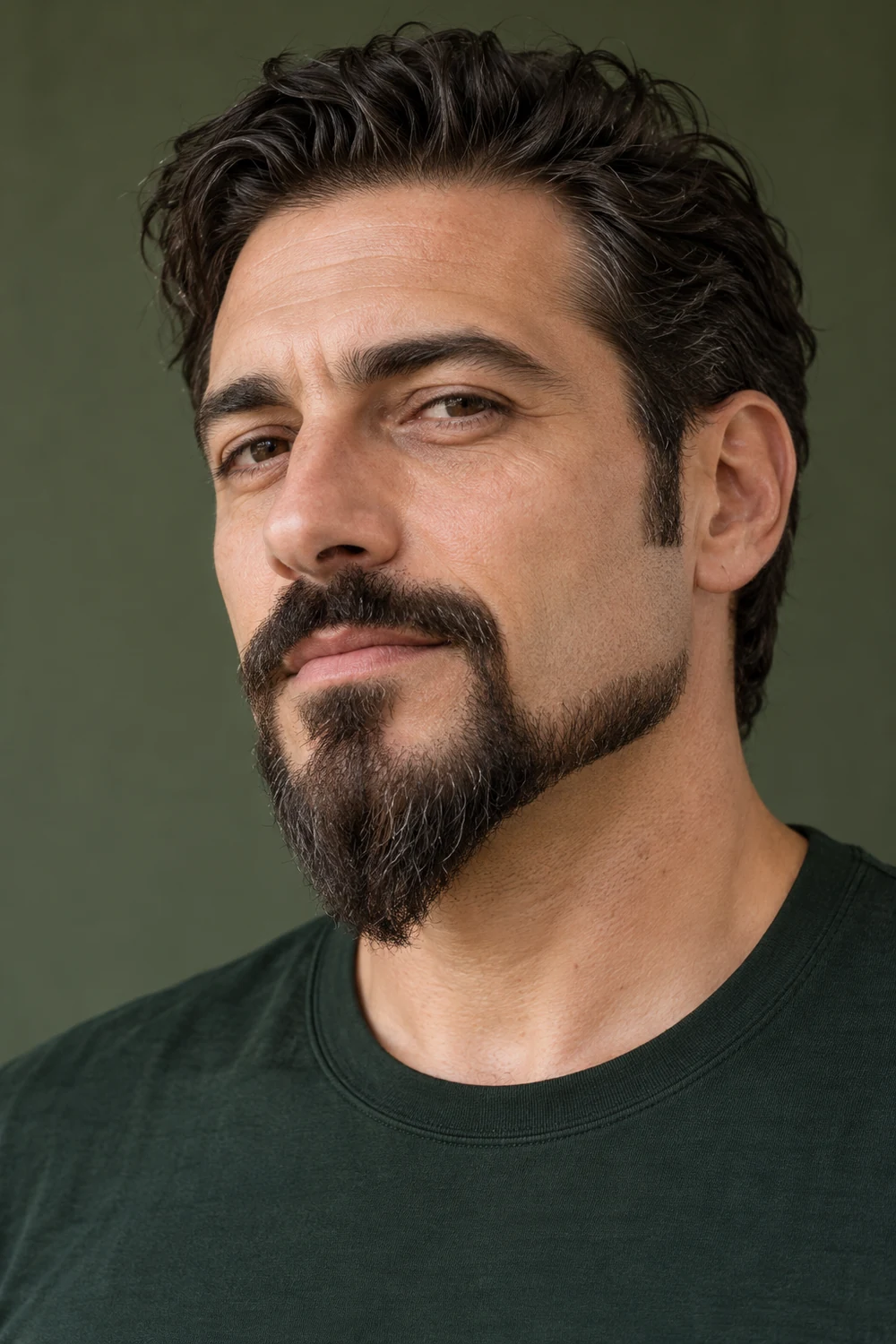 Three-quarter portrait of an adult man with a long-chin extended goatee, narrow jaw wings, shaved upper cheeks, and a lightly connected mustache.