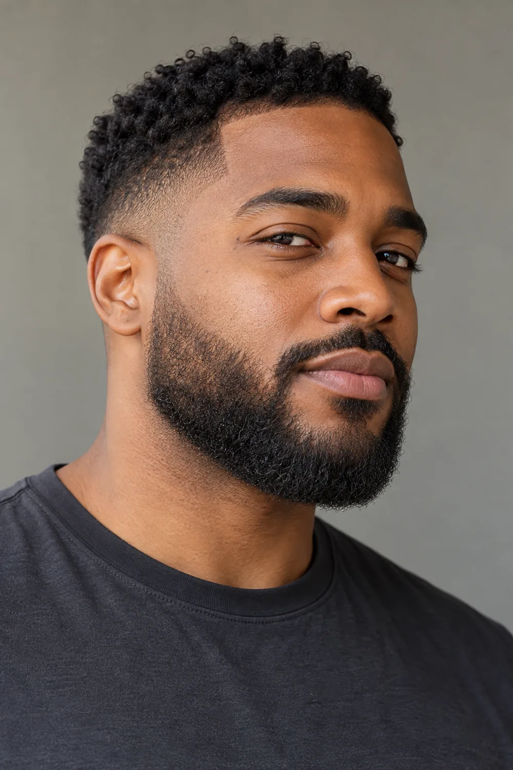 Three-quarter portrait of an adult Black man with a compact rounded beard, low sideburn fade, soft cheek line, and connected mustache.