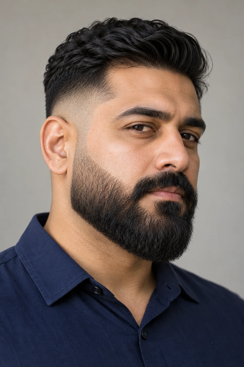 Three-quarter portrait of an adult man with a broad, squared medium beard, high sideburn fade, crisp cheek line, and connected mustache.