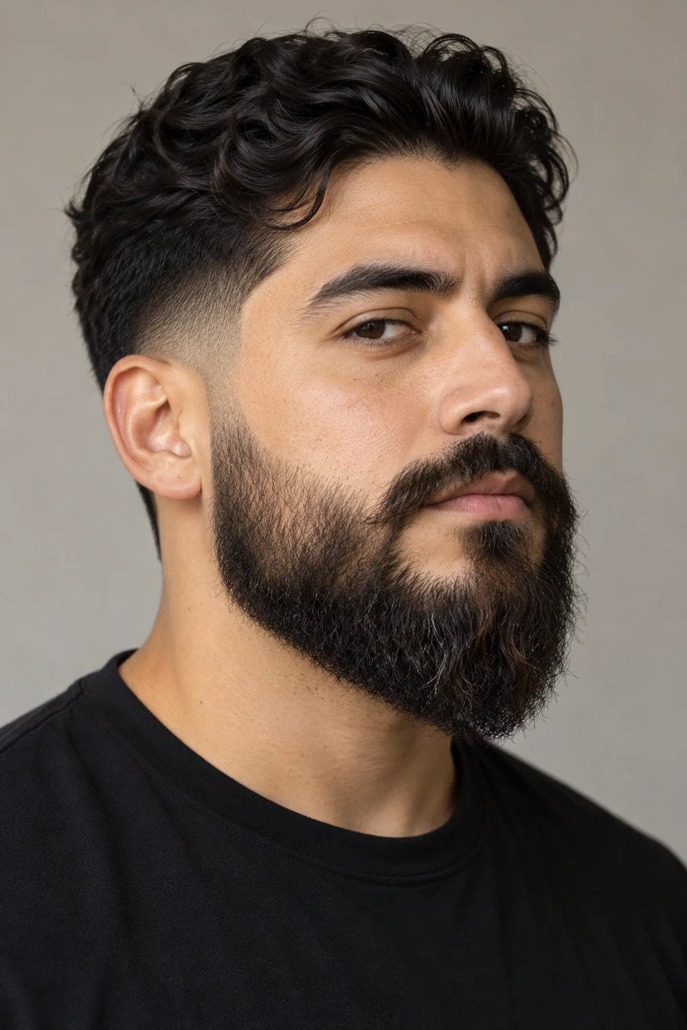 Three-quarter portrait of an adult man with a dense, medium-long pointed beard, gradual sideburn fade, defined cheek line, and connected mustache.