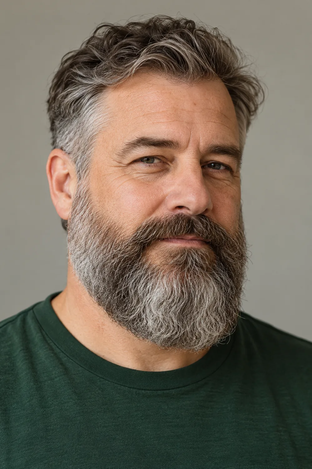 Three-quarter portrait of an adult man in a forest-green shirt, wearing a full rounded salt-and-pepper beard with a gradual cheek fade and connected mustache.