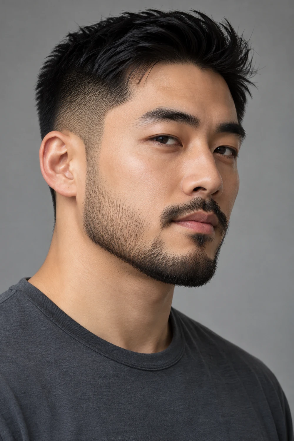 Three-quarter portrait of an adult East Asian man with a close short beard, crisp low cheek line, gradual low sideburn fade, and short connected mustache.
