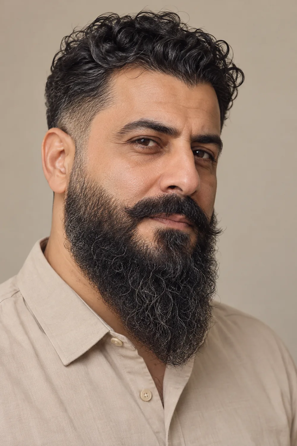 Three-quarter portrait of an adult man with curly dark hair and a long, full beard tapering to a rounded point, with a sideburn-to-cheek fade and connected mustache.