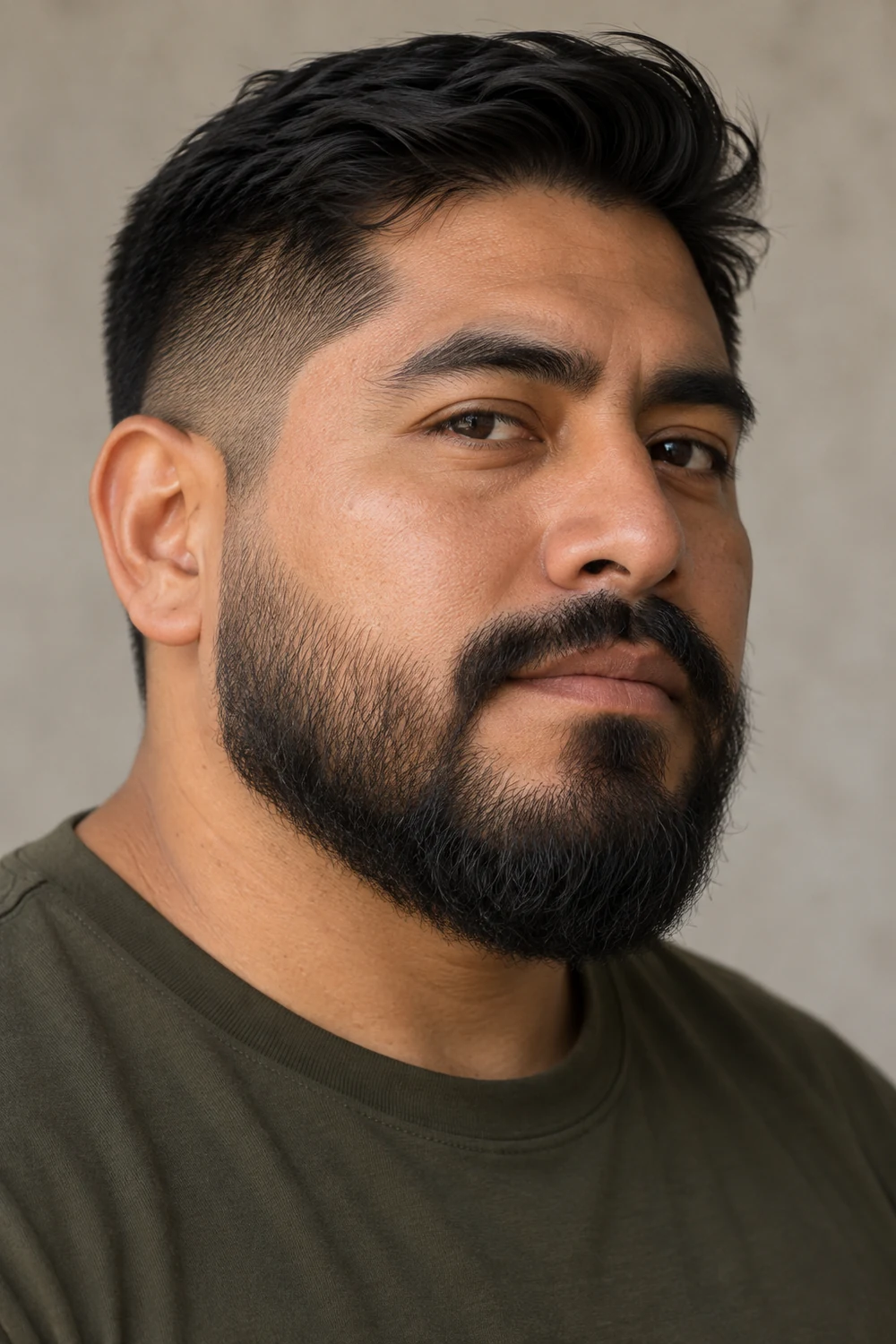 Adult man with a medium broad-chinned beard, curved cheek line, low sideburn fade, and natural mustache connection.