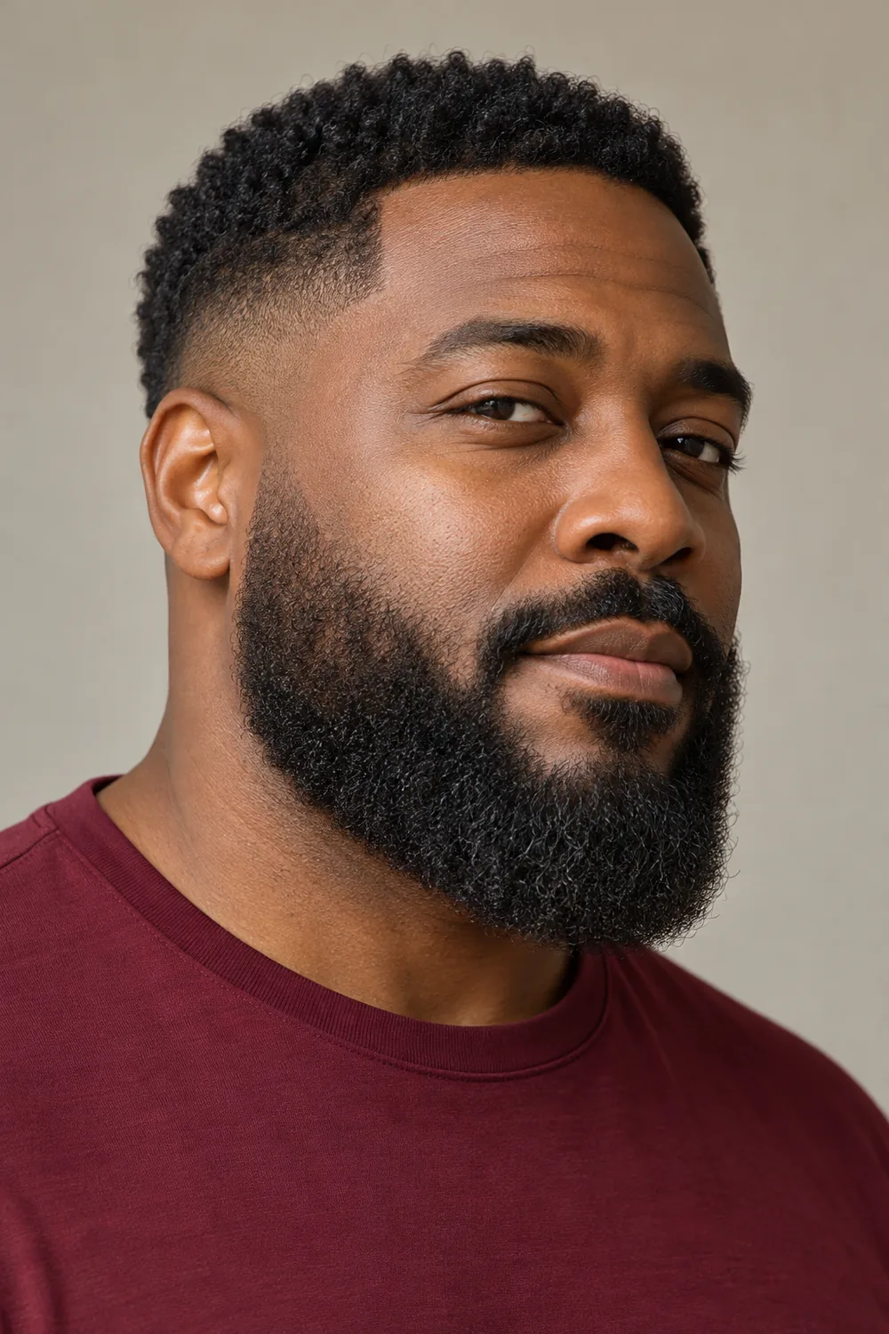 Three-quarter portrait of an adult Black man wearing a medium full beard with a gradual sideburn fade, soft cheek line, rounded chin, and separated mustache.