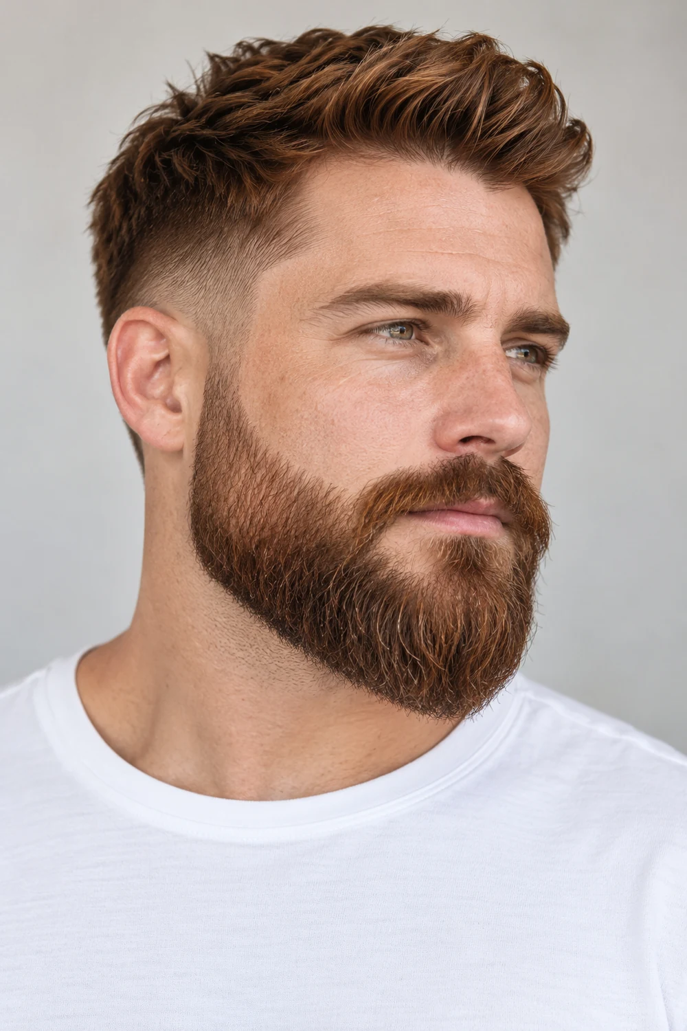 Three-quarter portrait of an adult man with auburn hair and a medium beard, showing a gradual sideburn fade, crisp cheek line, rounded chin point, and connected mustache.