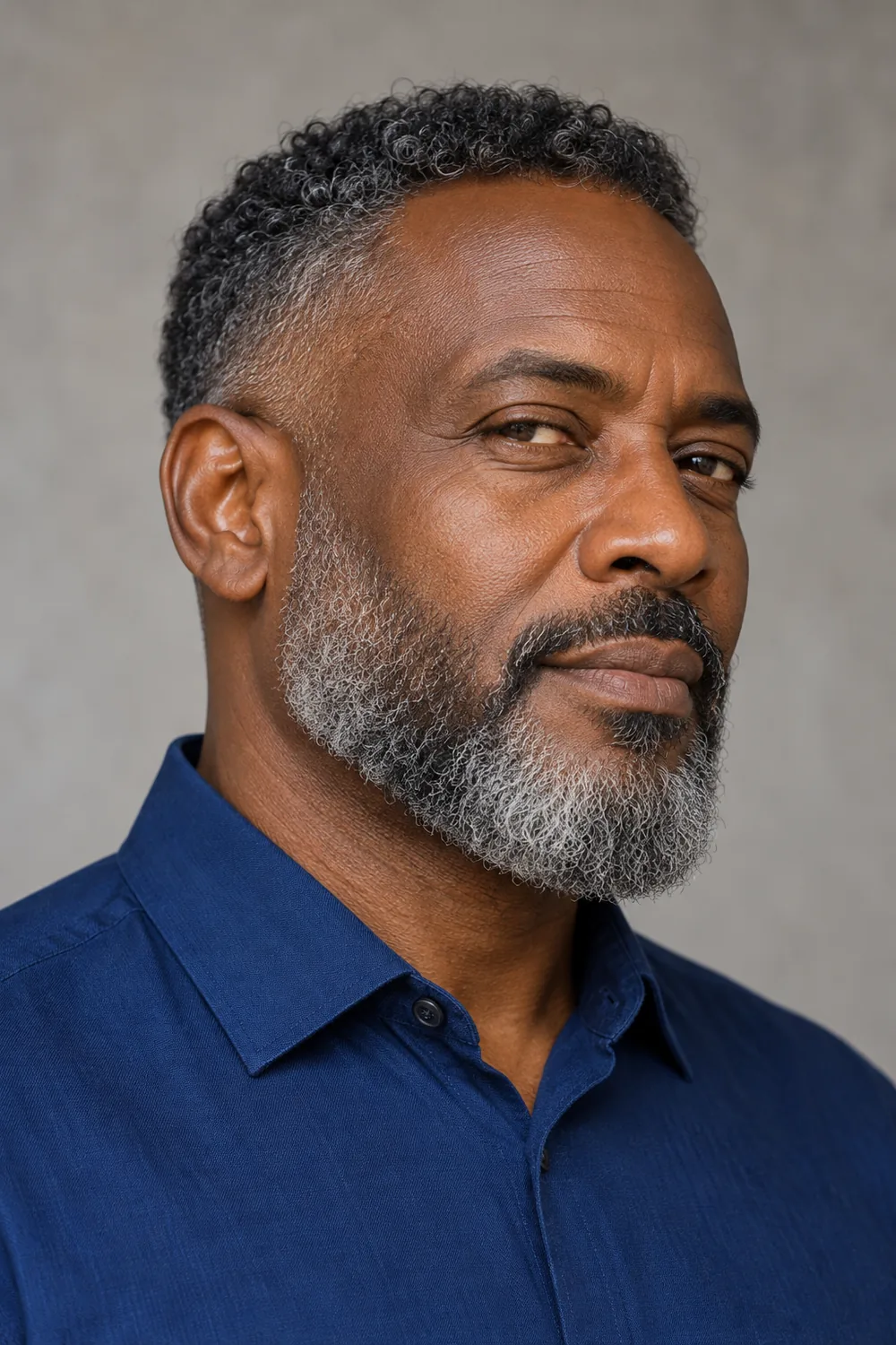 Three-quarter portrait of an adult man with a close salt-and-pepper beard, gradual sideburn fade, high cheek outline, compact chin, and narrow connected mustache.