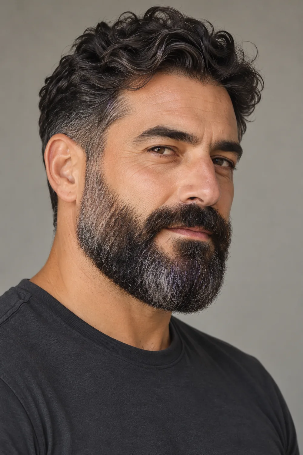 Three-quarter portrait of an adult man with coarse, wavy facial hair, a rounded full beard, gradual cheek fade, and thick connected mustache.