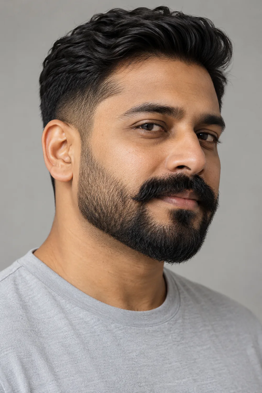 Three-quarter portrait of an adult South Asian man with a compact rounded beard, a gradual sideburn-to-cheek fade, and a full connected mustache.