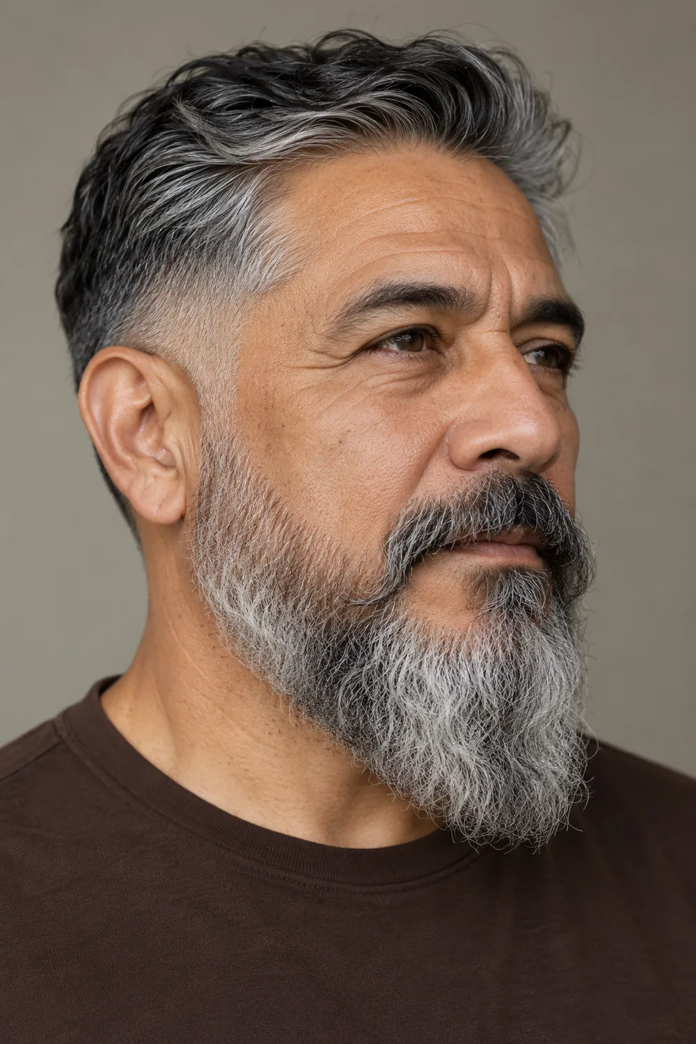 Three-quarter portrait of an adult man with salt-and-pepper hair, a high soft sideburn fade, and a full tapered beard with a rounded tip and connected mustache.