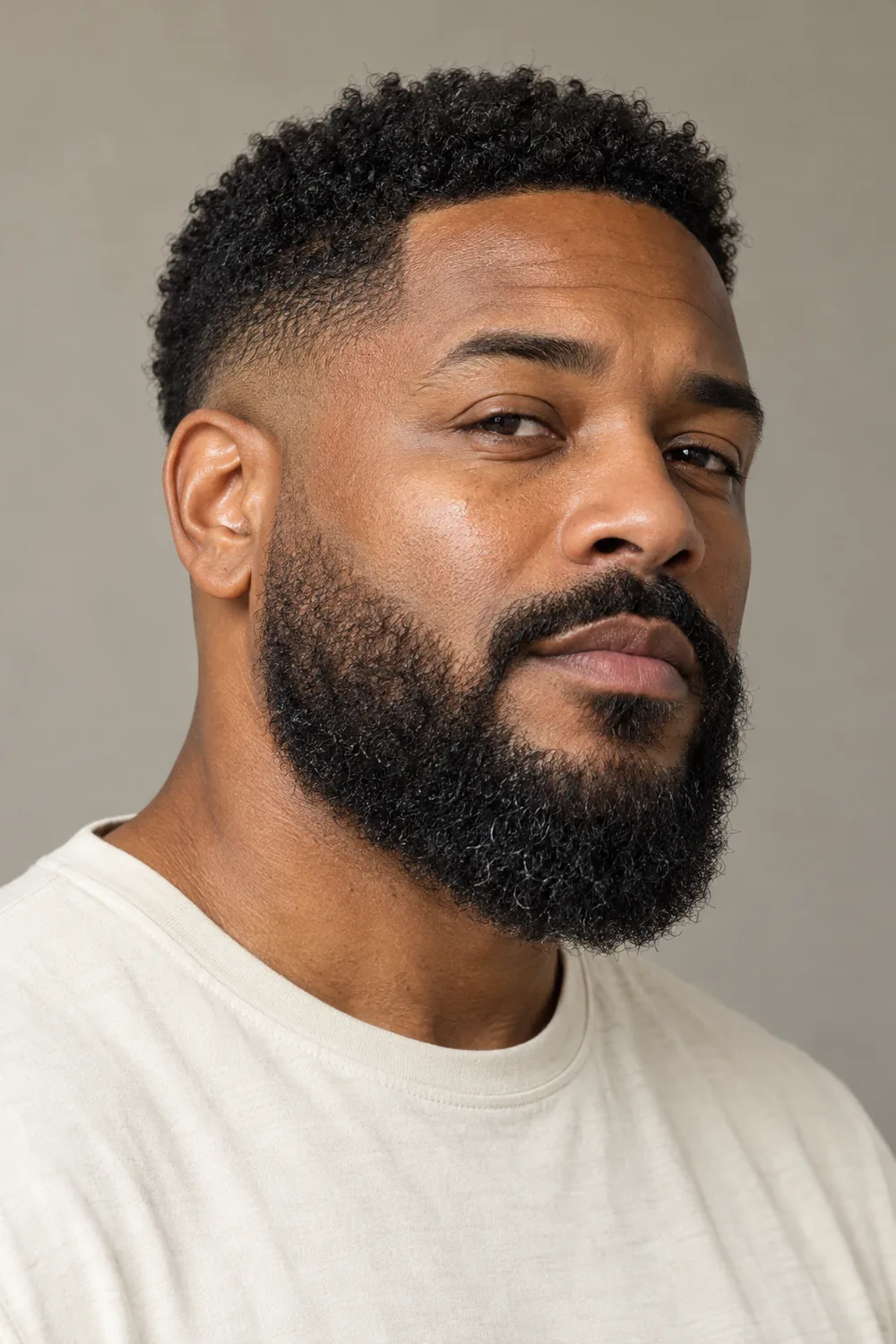 Three-quarter portrait of an adult Black man wearing a medium boxed beard with a rounded chin, gradual sideburn fade and connected mustache.
