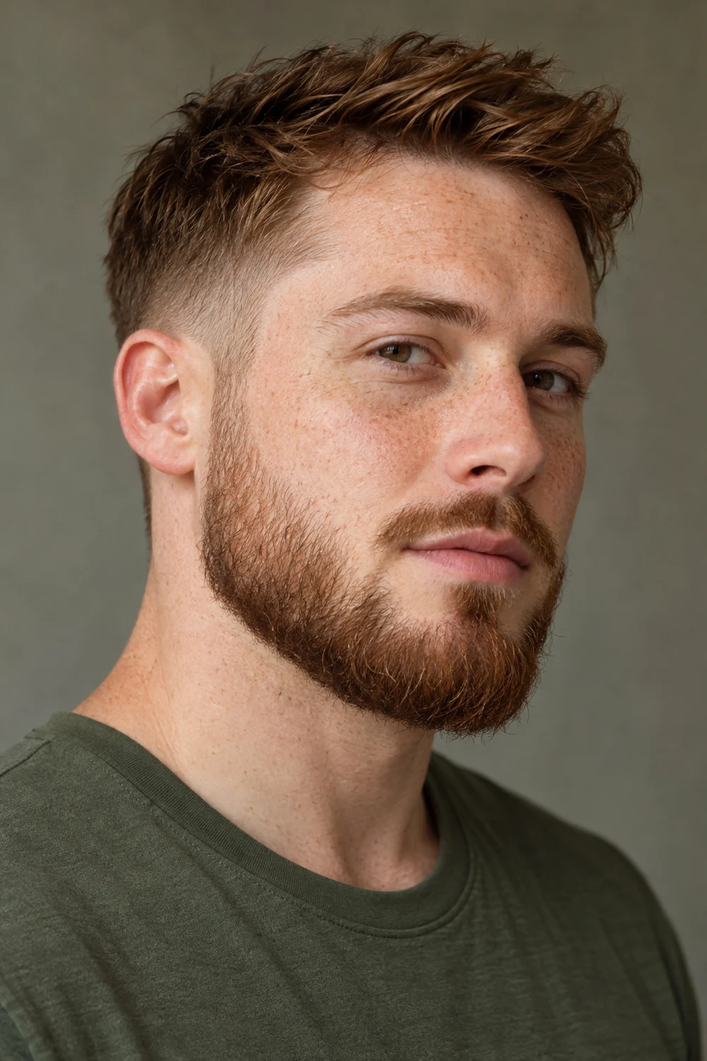 Three-quarter portrait of an adult man with freckled fair skin, a medium reddish-brown beard with a low sideburn fade, and a narrow separated mustache.
