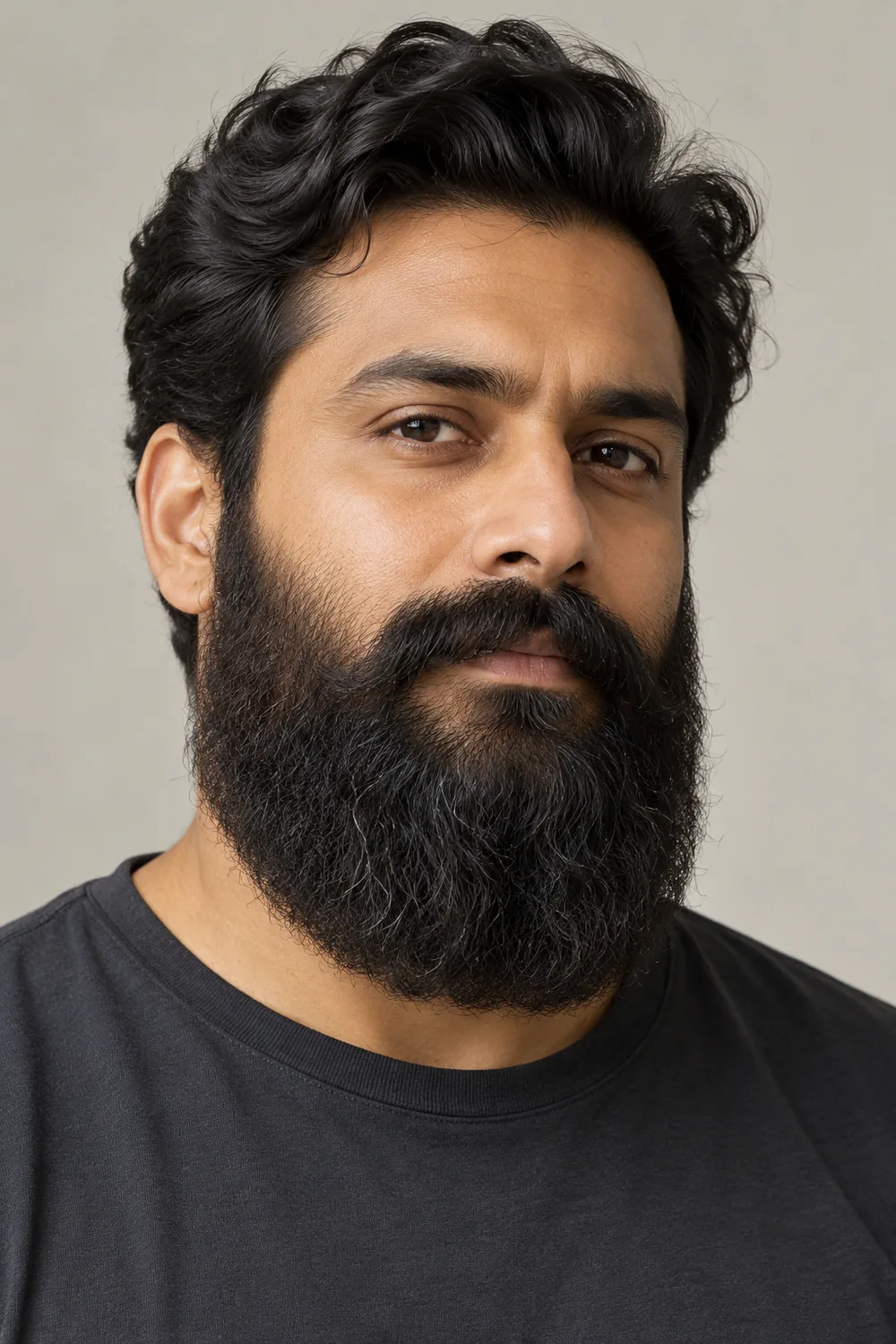 Three-quarter portrait of an adult man wearing a dense, dark Garibaldi beard with broad cheeks, a rounded bottom, and a full connected mustache.