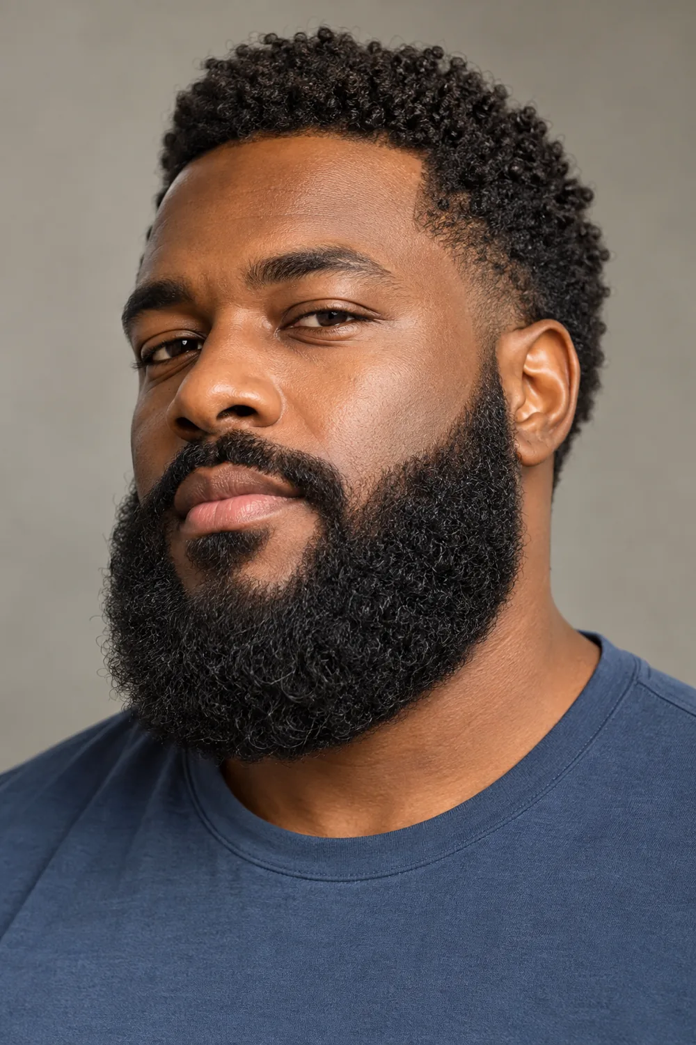 A man in a slate-blue shirt wears a broad, tightly coiled Garibaldi beard with a clean high cheek line, rounded base, and connected mustache.