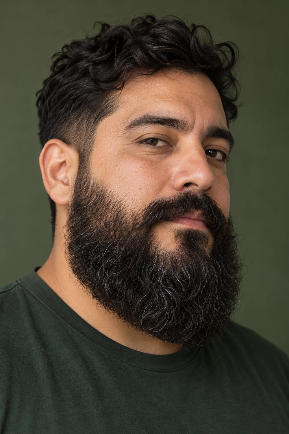 Three-quarter portrait of a man with a broad, wavy Garibaldi beard, rounded base, full side panels, and substantial connected mustache.