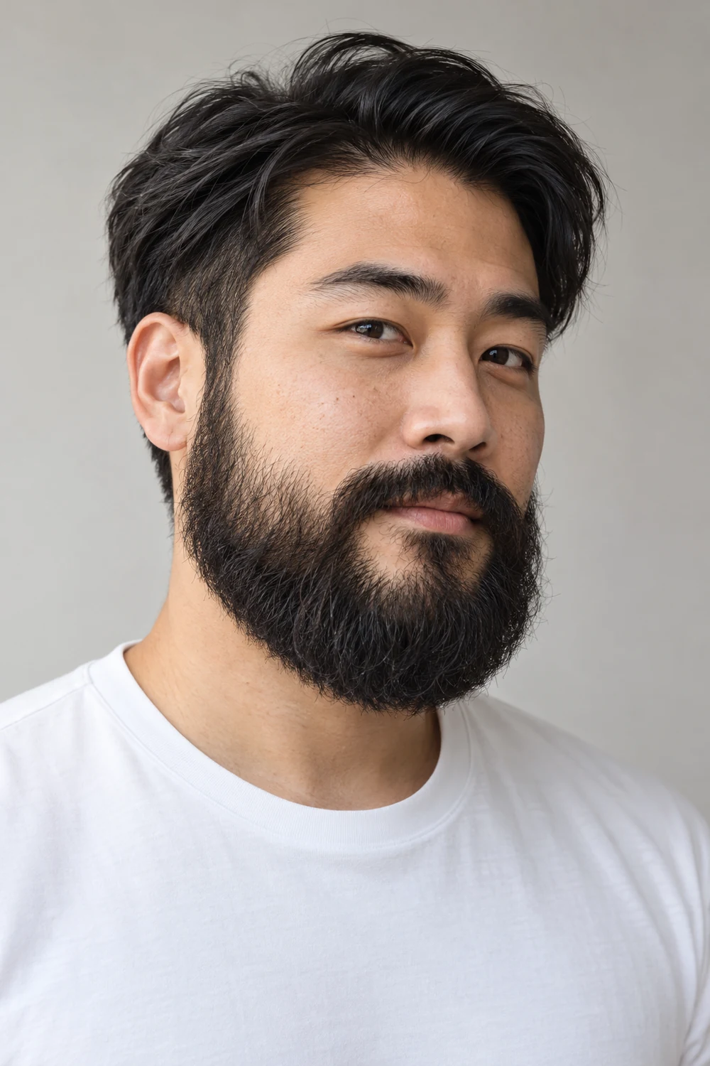 An adult East Asian man in a white crew-neck shirt, shown at a three-quarter angle with a shorter broad black beard, full cheeks, a compact rounded bottom, and a neatly connected mustache.