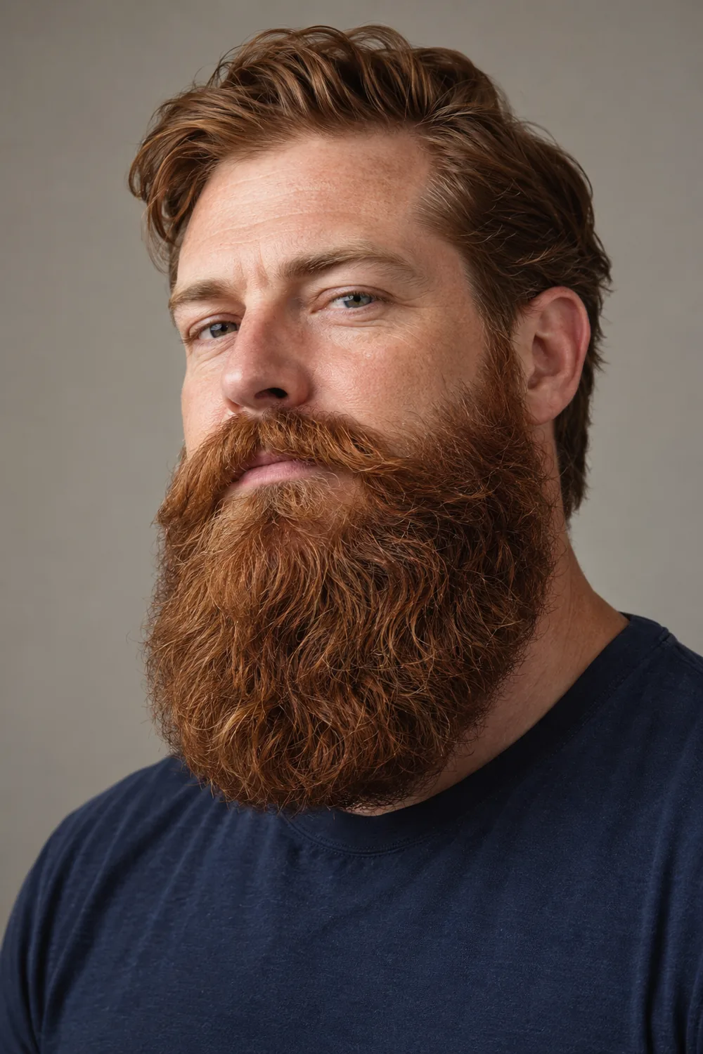 Adult man in a navy shirt with a long, wavy auburn Garibaldi beard, full cheeks, a broad rounded tip, and a connected mustache.