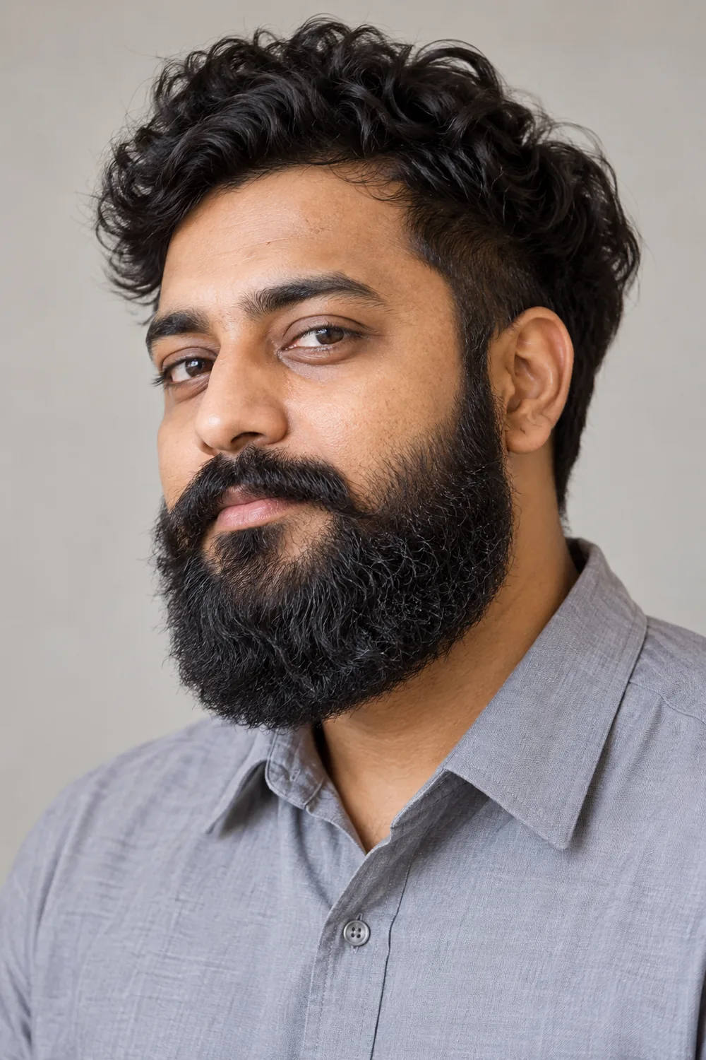 A South Asian man in a light gray shirt, shown in three-quarter view with a dense curly black Garibaldi beard, soft low cheek line, rounded base, and connected mustache.