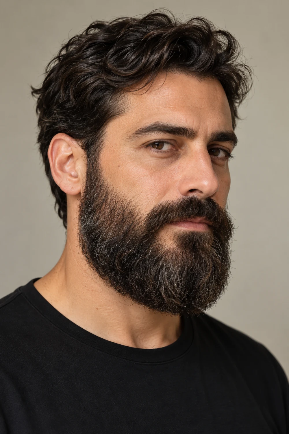Three-quarter portrait of an adult man with a broad, dark Garibaldi beard, gently tapered sides, a rounded chin, and a connected mustache.