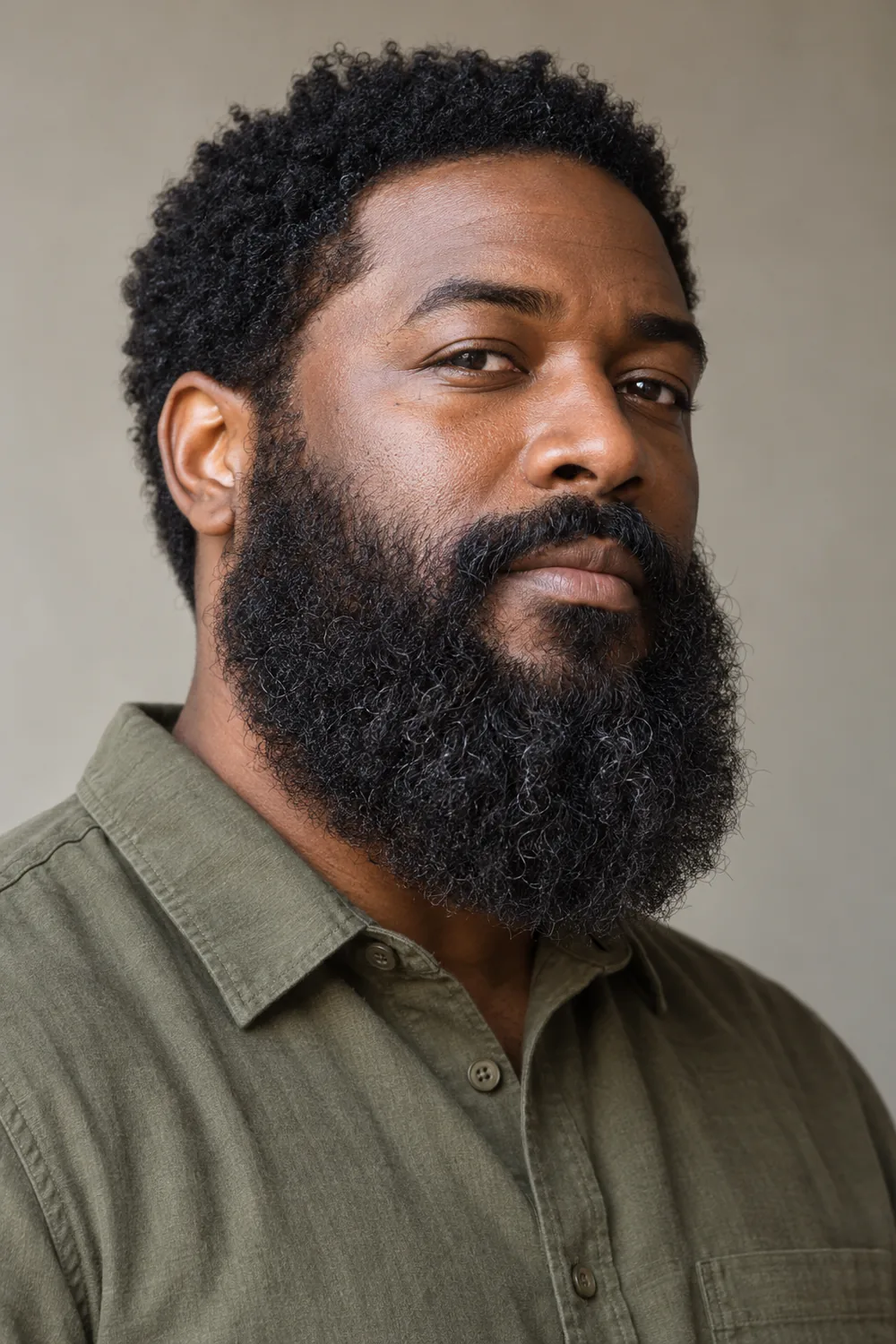 Three-quarter portrait of a Black adult man with a coarse, tightly curled Garibaldi beard, broad full sides, soft cheek lines, a rounded bottom, and a connected mustache.