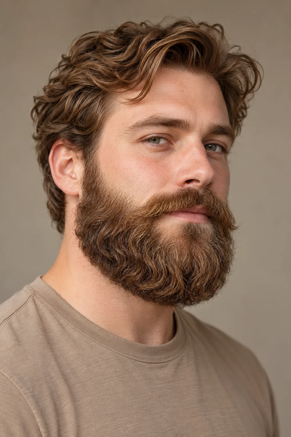 Three-quarter portrait of a fair-skinned man with a wavy light brown Garibaldi beard, broad rounded sides, a soft cheek line, and a connected mustache.