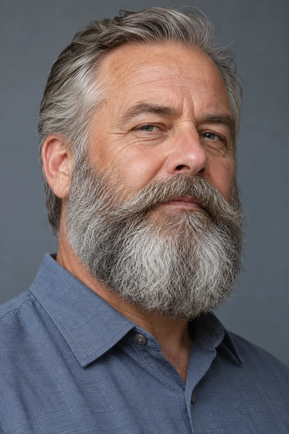 Three-quarter portrait of an older man with a dense gray Garibaldi beard, full sides, rounded lower edge, connected mustache, and blue-gray shirt.
