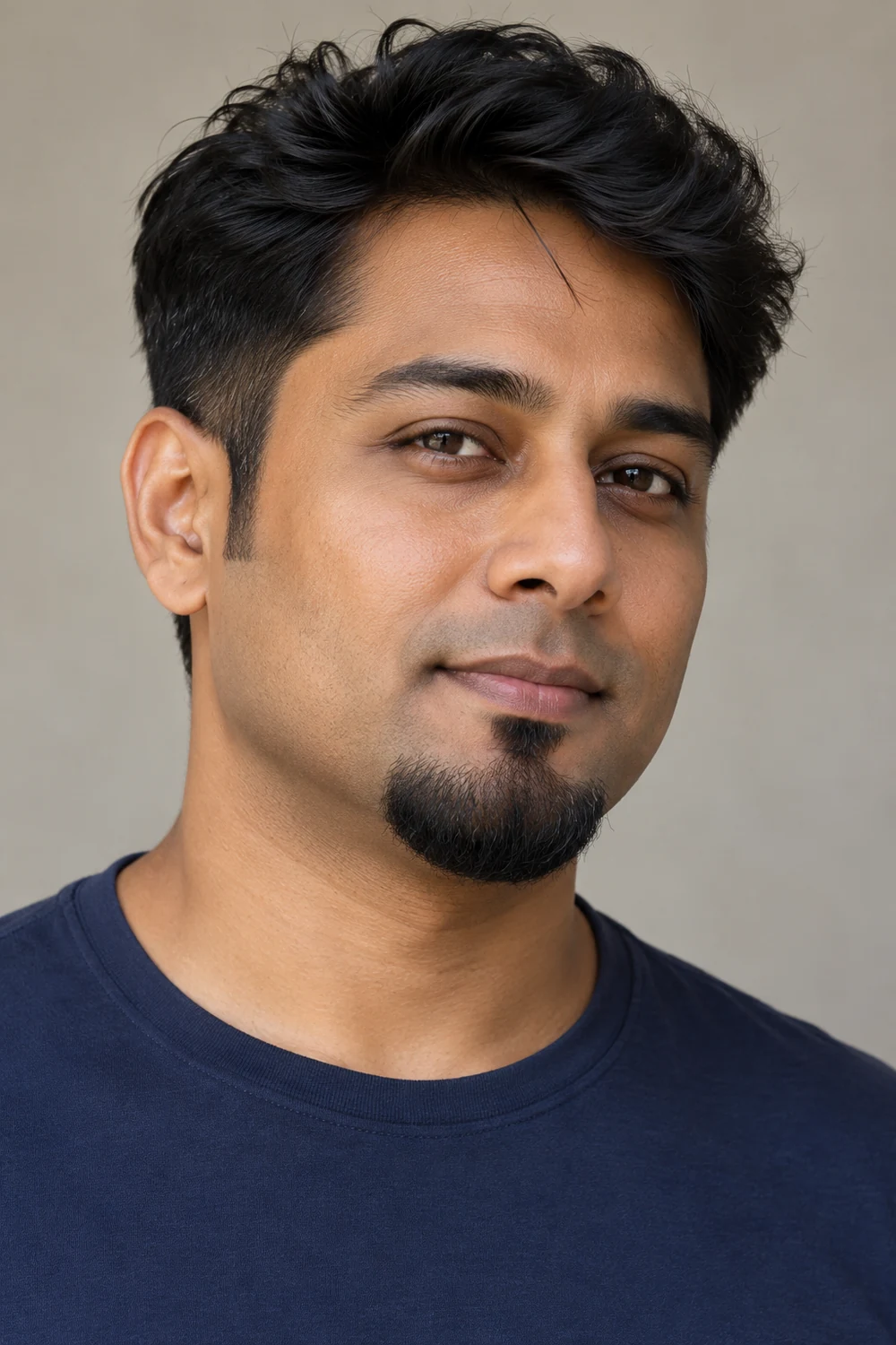Three-quarter portrait of an adult South Asian man with a short rounded chin goatee, separate soul patch, and clean-shaven upper lip.
