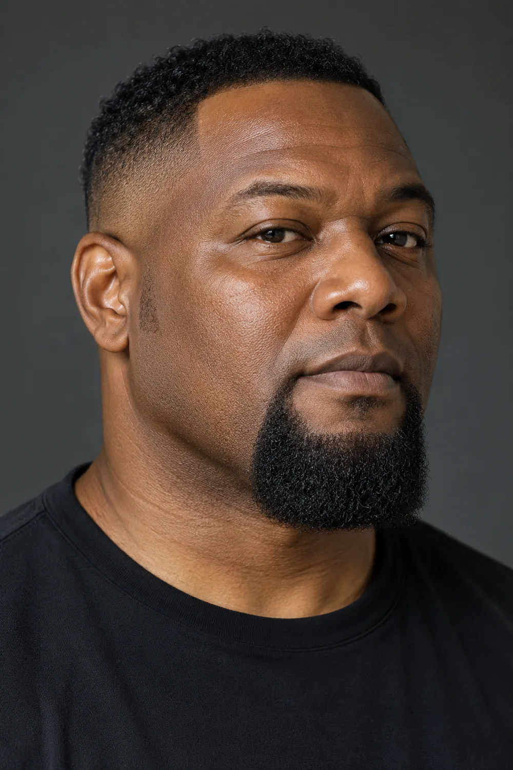 Three-quarter portrait of an adult Black man with a broad, squared, dense goatee, clean-shaven cheeks and upper lip, and short faded sideburns.