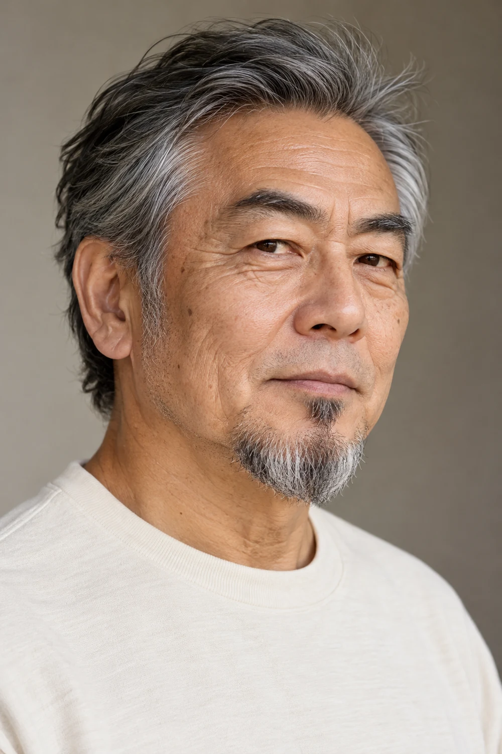 Three-quarter portrait of an older East Asian man with a compact salt-and-pepper goatee, small separate soul patch, softly blended sideburn stubble, and clean-shaven upper lip.