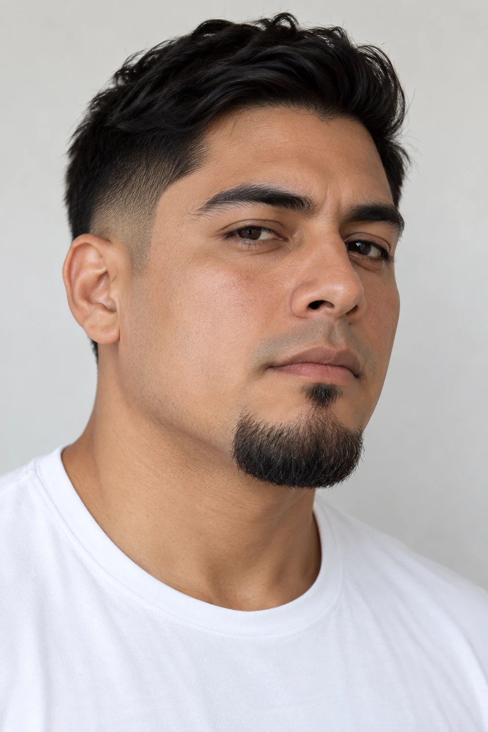 Three-quarter portrait of an adult man with tan skin, a compact squared goatee, separate soul patch, crisp cheek line, and clean-shaven upper lip.