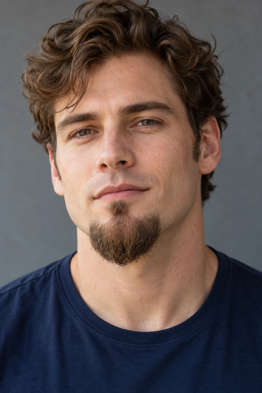 Three-quarter portrait of a fictional adult man with a medium wavy brown goatee, rounded point, distinct soul patch, and clean-shaven upper lip.