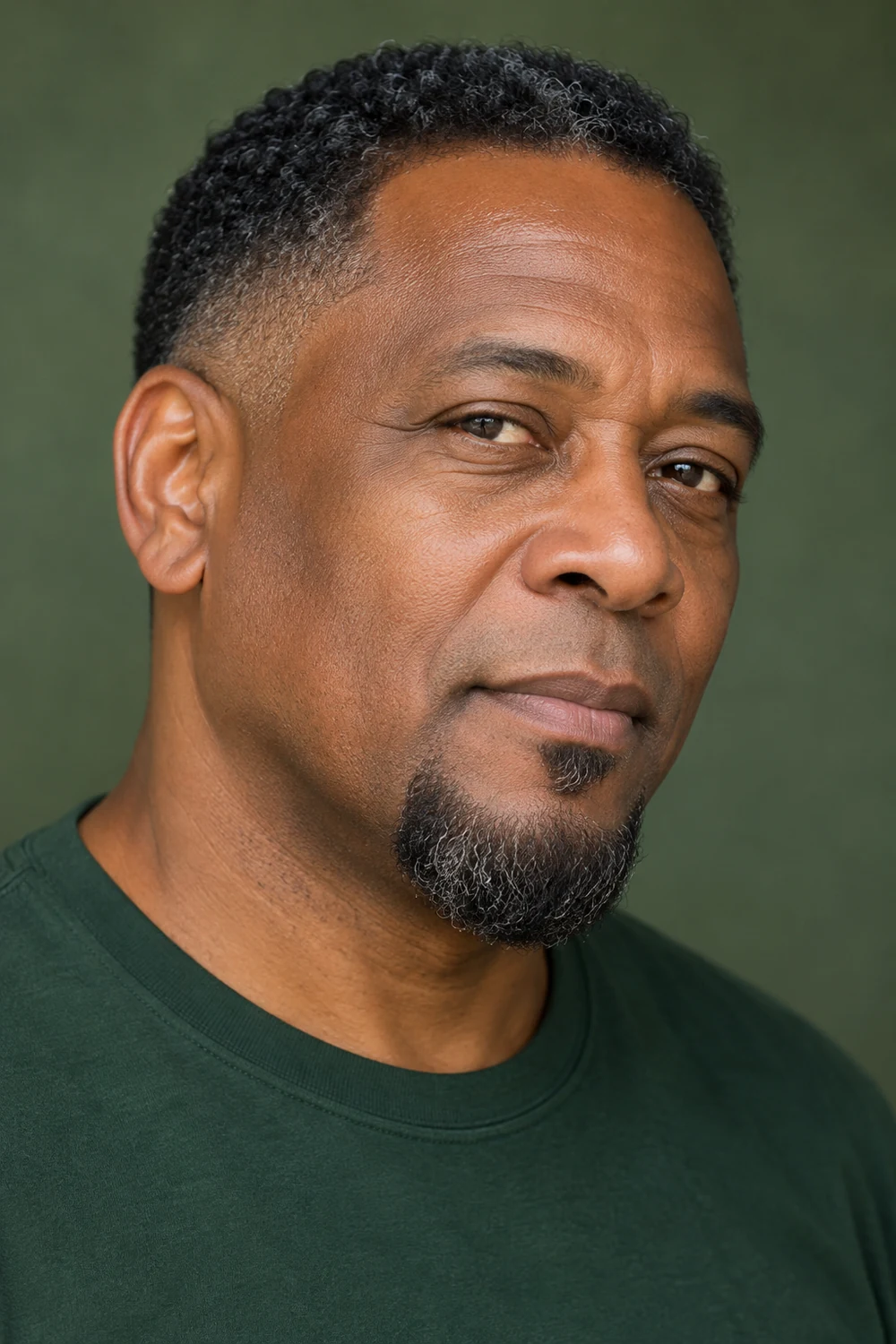 Three-quarter portrait of an adult Black man with a compact coiled goatee, separate soul patch, neatly faded sideburns, and a completely clean-shaven upper lip.
