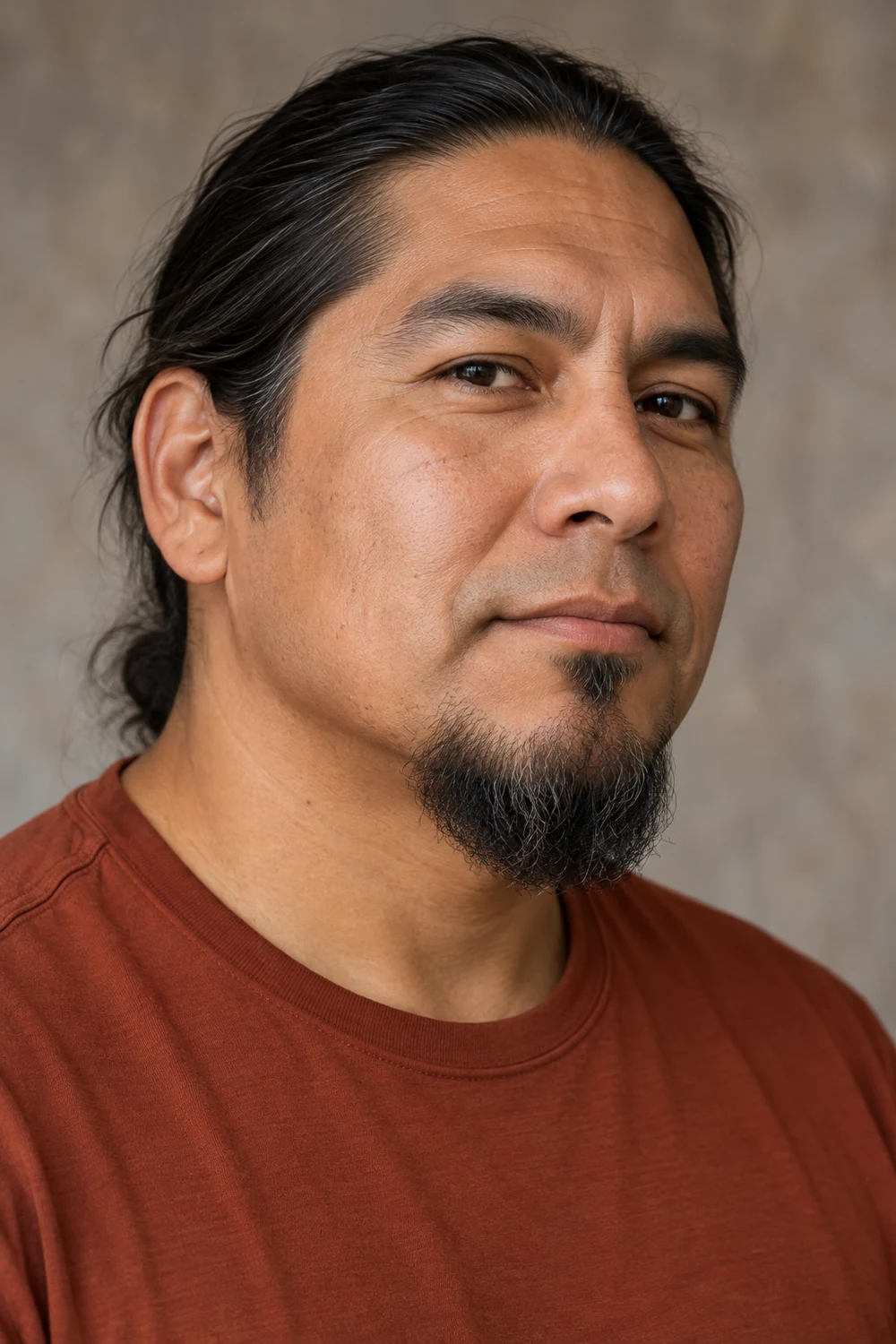 Three-quarter portrait of an adult man with a naturally asymmetric rounded goatee and shaved upper lip.