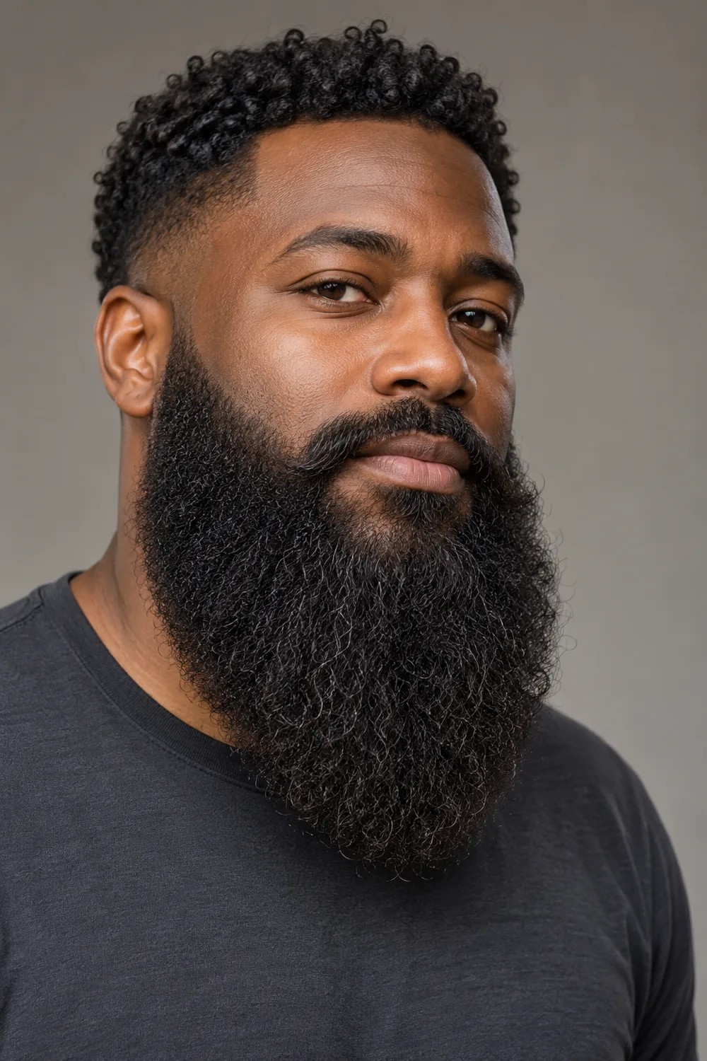 Three-quarter portrait of an adult Black man with a long, dense, tightly curled beard, softly rounded tip, and connected mustache; the full beard is visible.