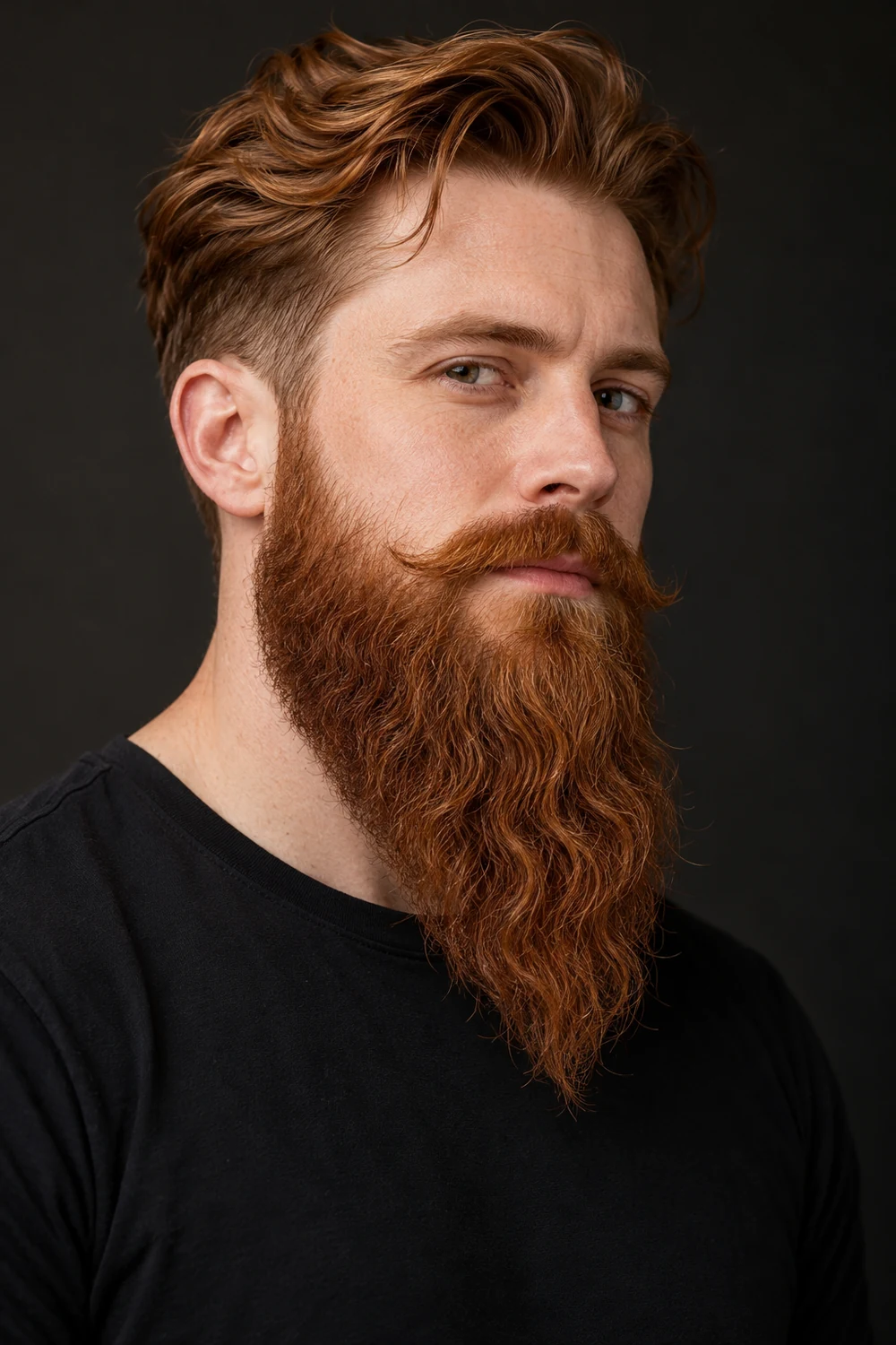 Three-quarter portrait of an adult man with wavy auburn hair, a long tapered beard ending in a pointed tip, blended sideburns, and a connected mustache with lifted ends.