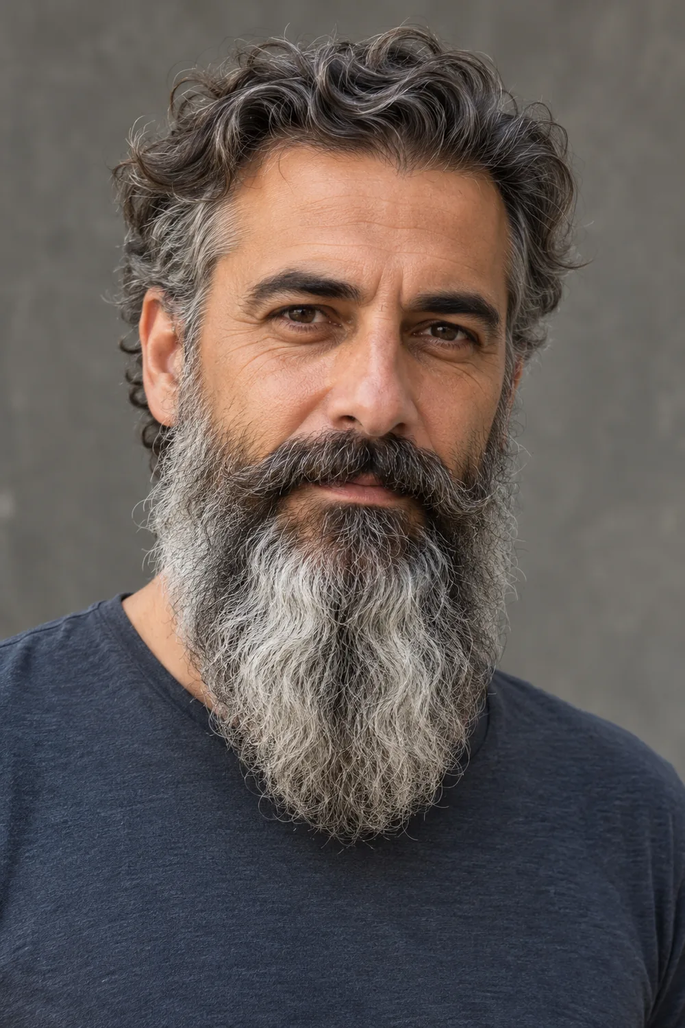 Adult man with a full, wavy salt-and-pepper long beard, soft low cheek line, connected mustache, and visible rounded tip.