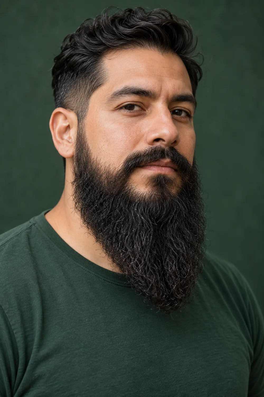 Three-quarter portrait of an adult man in a forest green shirt with a long black beard ending in a visible rounded tip and a shorter connected mustache.