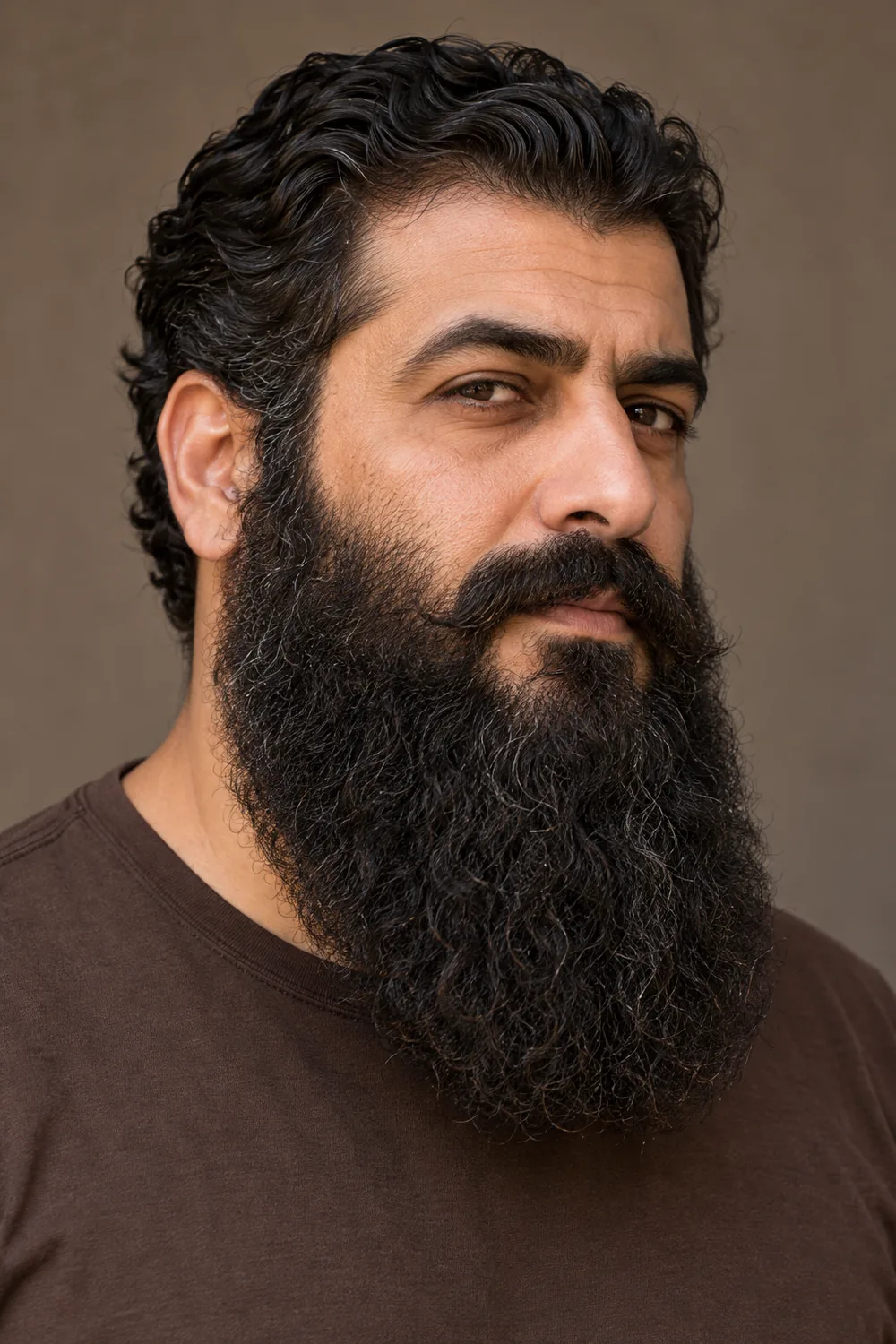 Three-quarter portrait of a broad, side-full long beard with a wide base and thick connected mustache.