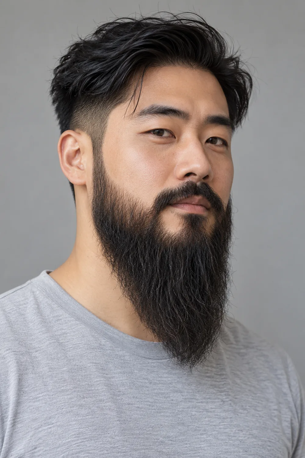 Three-quarter portrait of a man in a light-gray shirt with a long black tapered beard, rounded tip, high cheek line, and connected mustache.