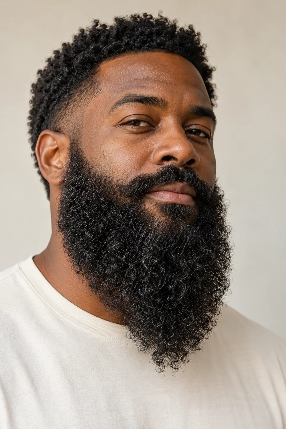 Adult Black man in a three-quarter portrait with a long, full curly beard tapering to a soft point and a connected curly mustache.