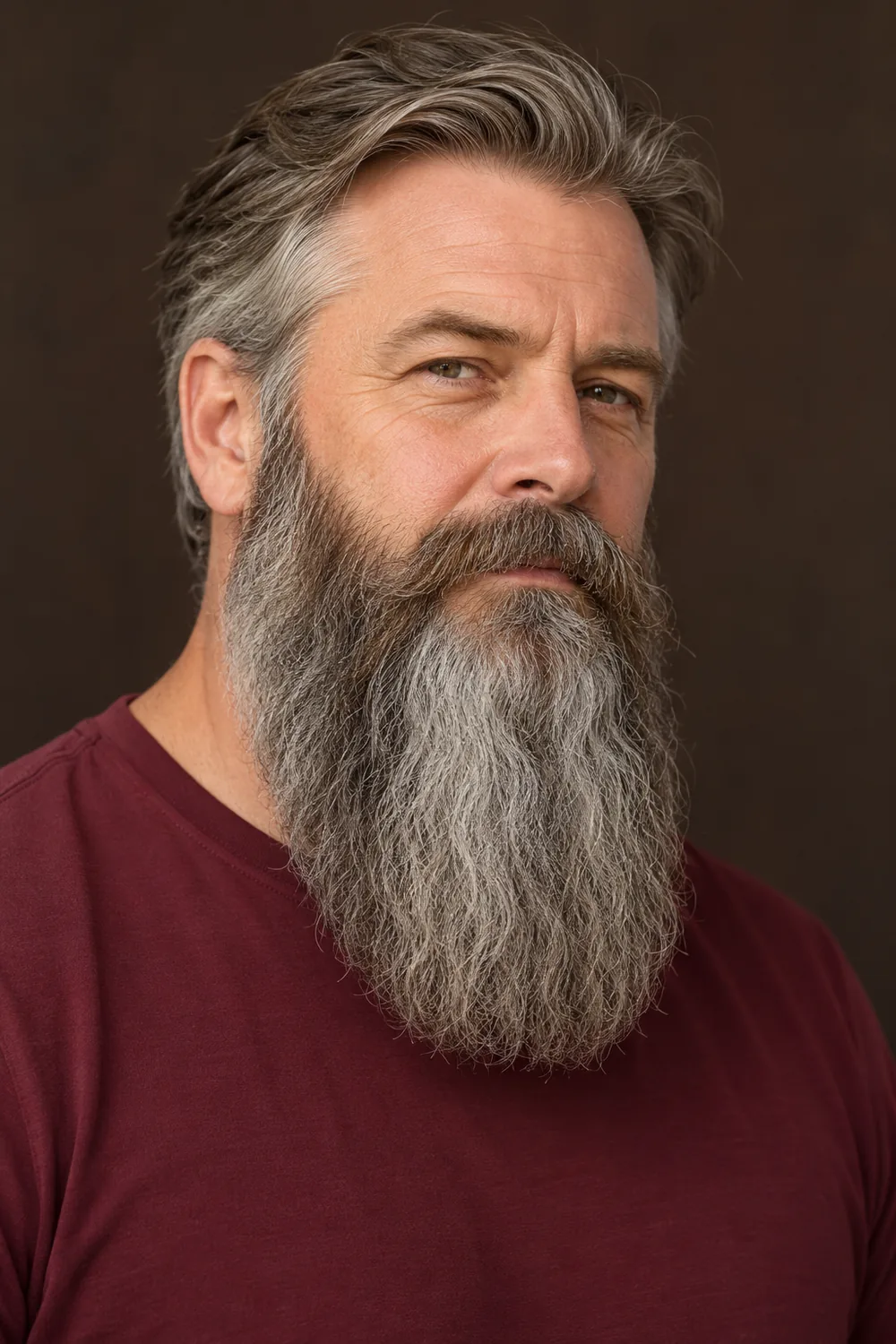 Three-quarter portrait of an adult man with a long gray-and-brown beard, broad cheeks, softly rounded squared base, and connected mustache.