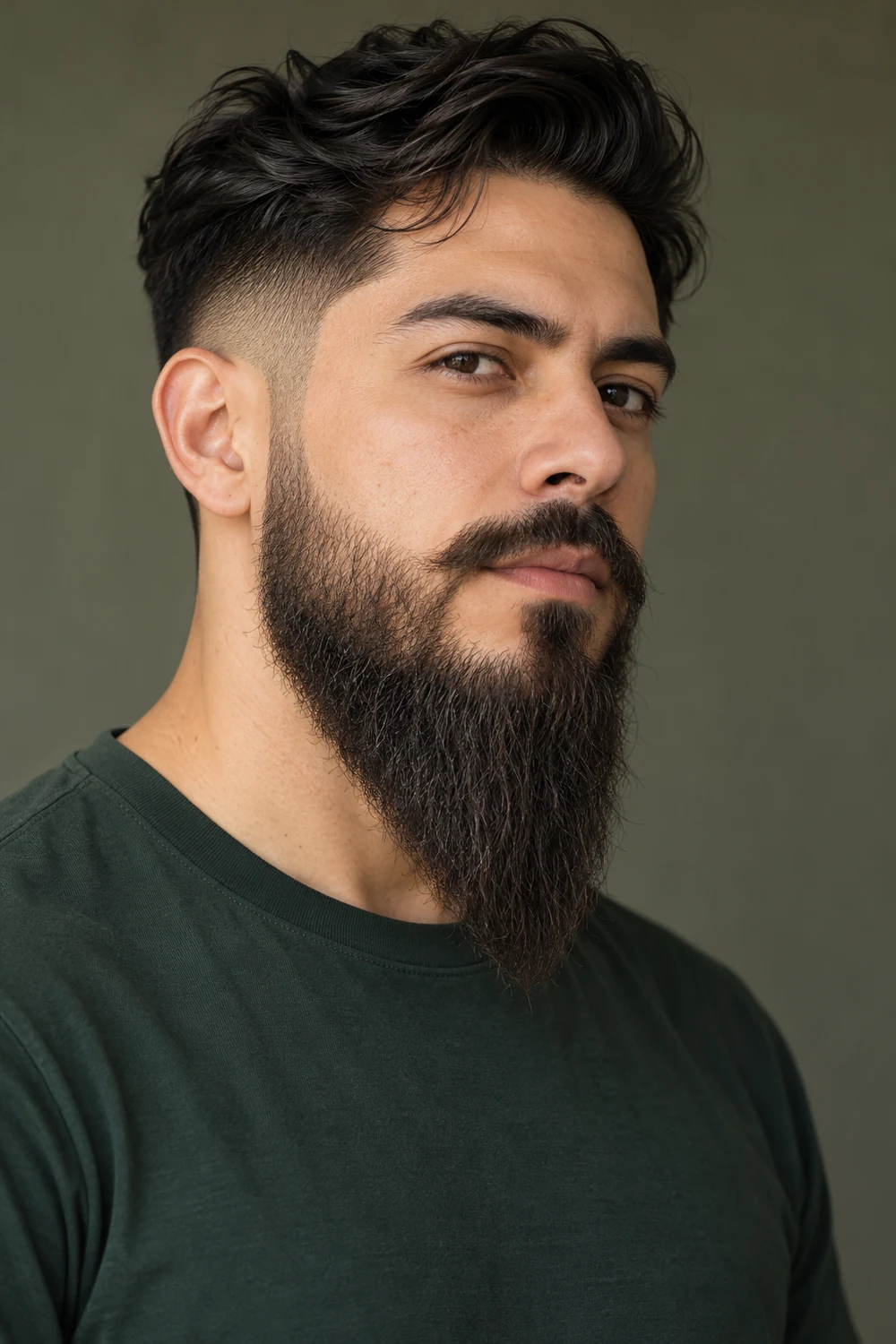 Three-quarter portrait of an adult man with a long, narrow dark beard tapering to a visible point and a connected mustache.