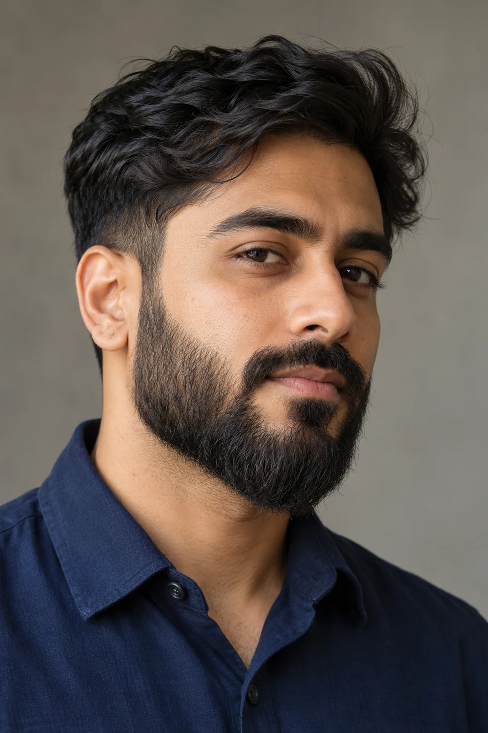 Three-quarter portrait of an adult South Asian man wearing a medium dark beard tapered toward a narrow rounded chin, with a clean cheek line and compact connected mustache.