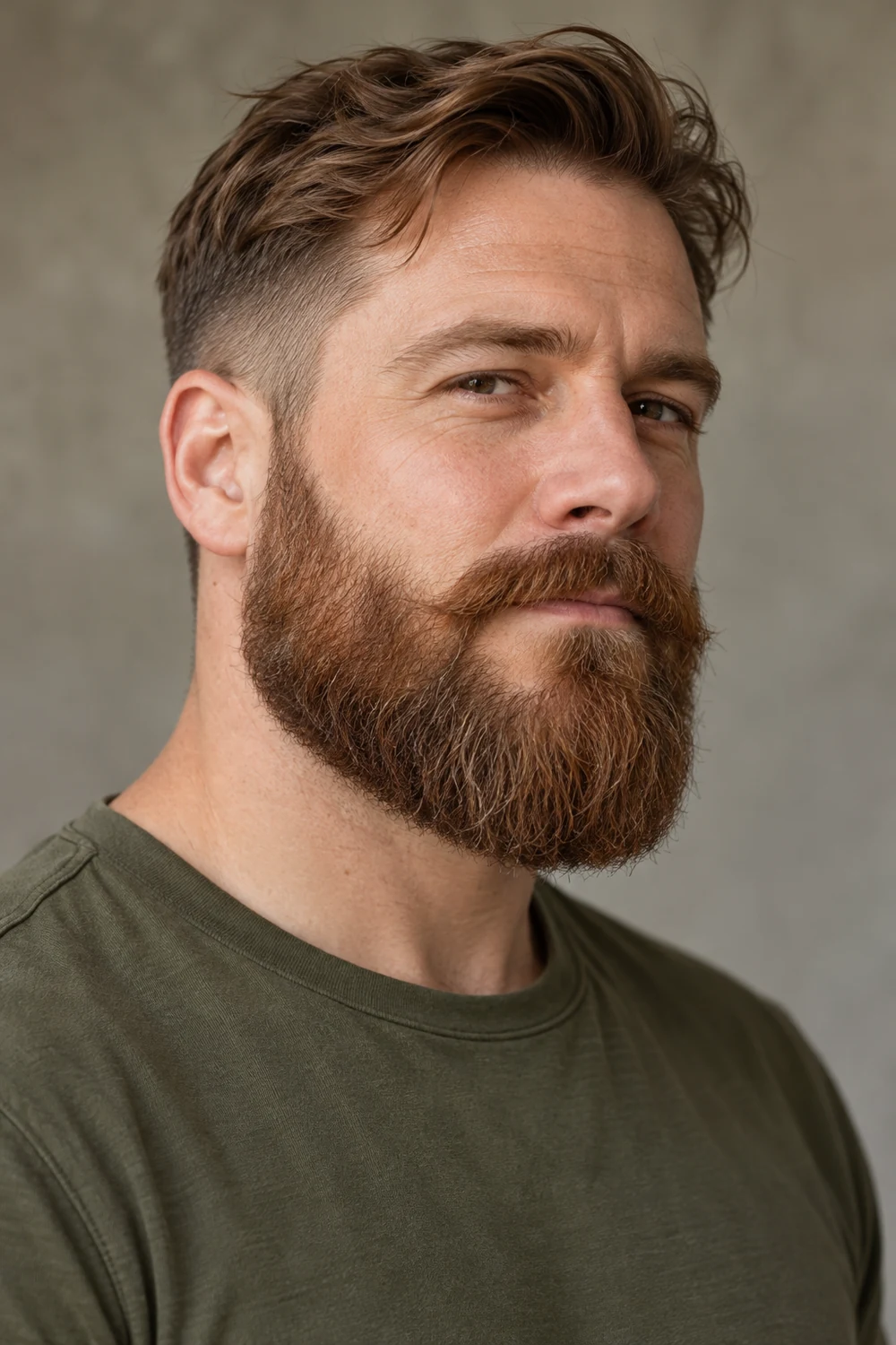 Three-quarter portrait of an adult man wearing a dense auburn-brown medium beard with squared jaw corners, a level chin and connected mustache.