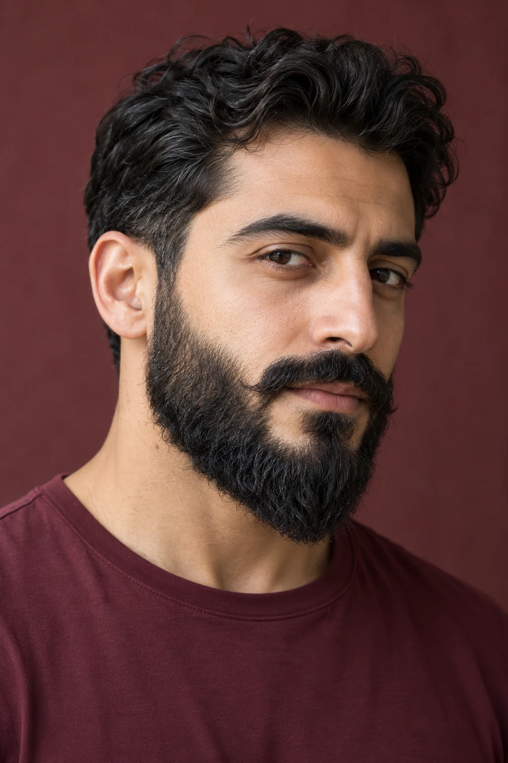 Three-quarter portrait of an adult man with dense wavy black hair and a medium-length beard that tapers to a defined chin point, paired with a connected mustache and burgundy crew-neck shirt.