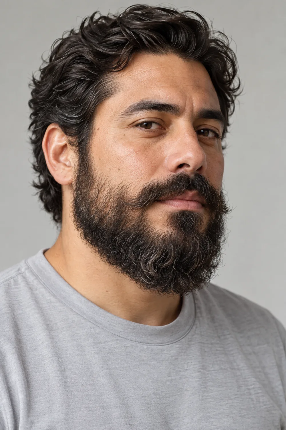 Three-quarter portrait of an adult man with a medium wavy beard, softly low cheek line, rounded chin and full mustache, wearing a light gray shirt.