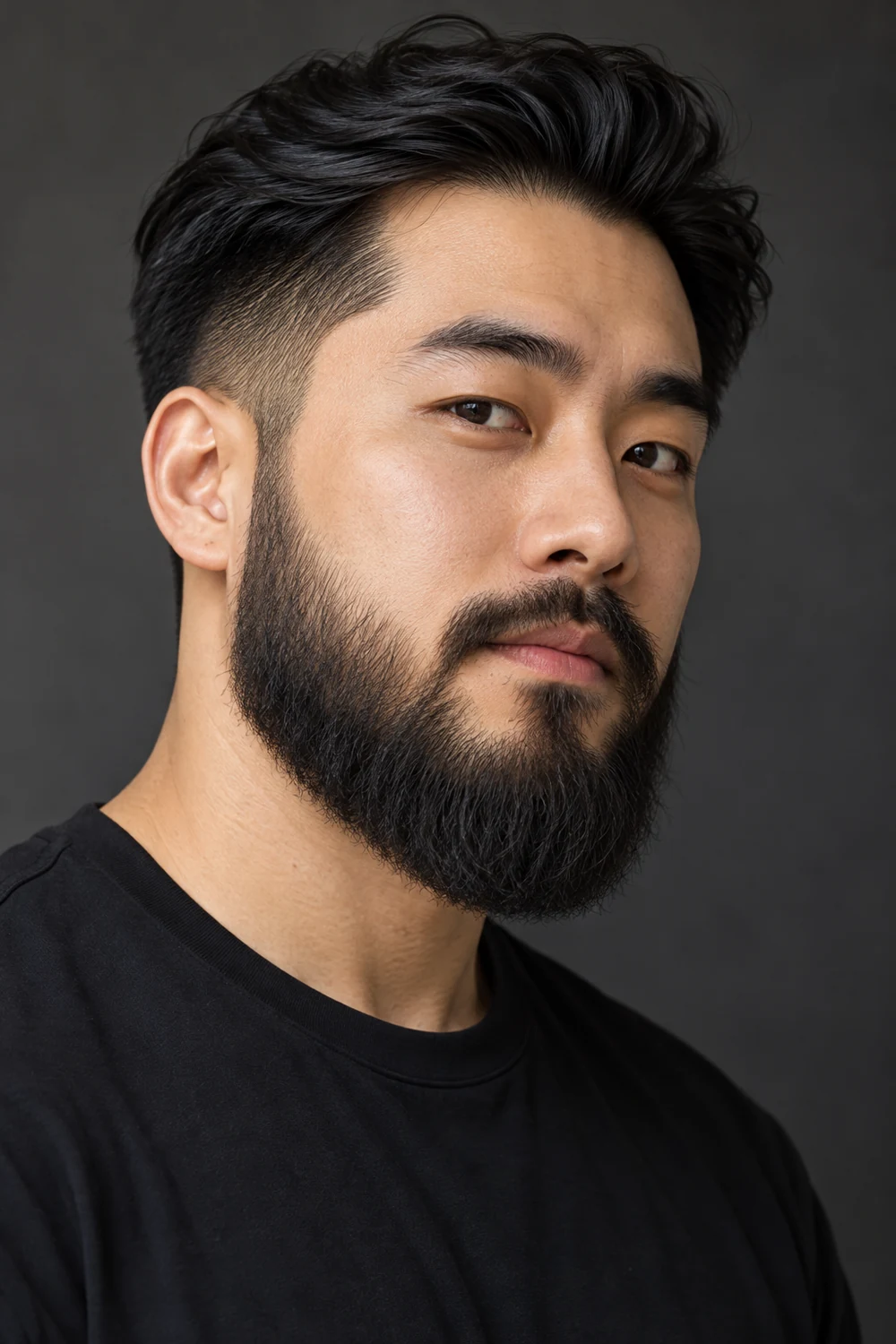 Three-quarter portrait of an adult East Asian man with a dense black medium-length beard, high cheek line, tapered sideburns, connected mustache and rounded chin.